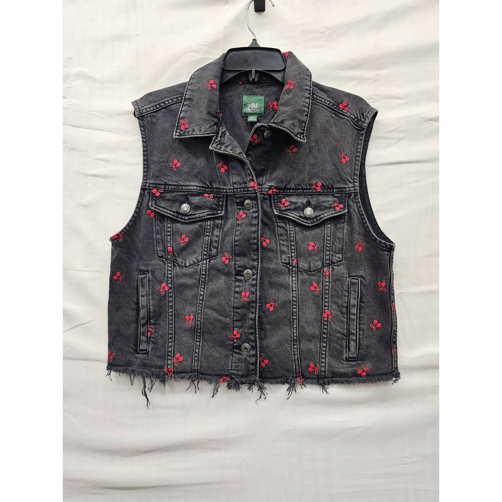 Wild Fable Womens Cherry Embroidered Denim Vest Black Cotton Casual Size XS